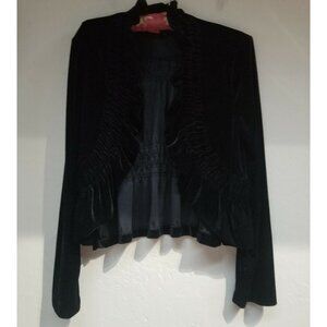 Sunny Leigh Women Smocked Ruffle Velvet Open Crop Cardigan Sweater Medium Black